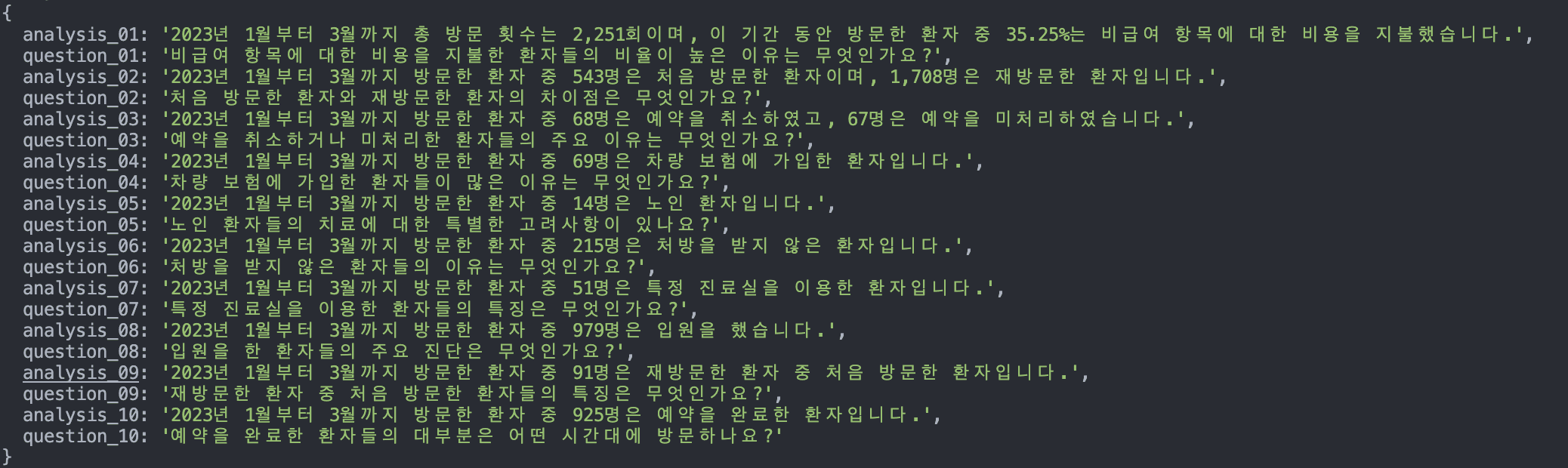 GPT가 생성한 분석 10개와 피드백 질문
